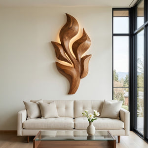 Sculptural Wooden Leaf Wall Art With Warm Light For Home