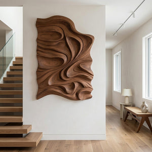 Organic Flowing Carved Wood Art Panel For Living Room