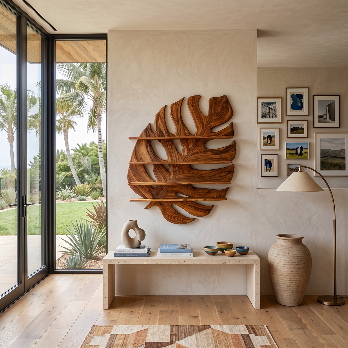 Large Wooden Tropical Leaf Bookshelf For Living Room