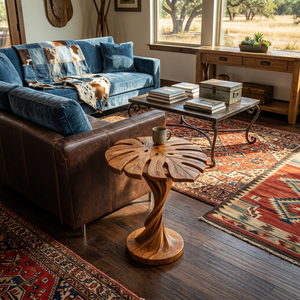 Modern Wood Side Table With Artistic Leaf Top For Living