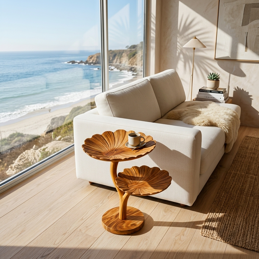Wooden Side Table With Leaf Shape Top For Living Room