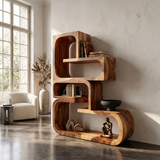 Contemporary Wave Edge Wooden Bookcase In Natural Finish
