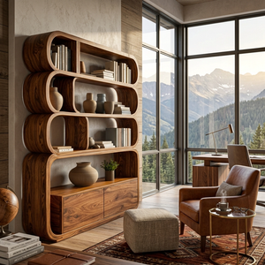Modern Natural Wood Bookshelf With Curved Structure For Living Room