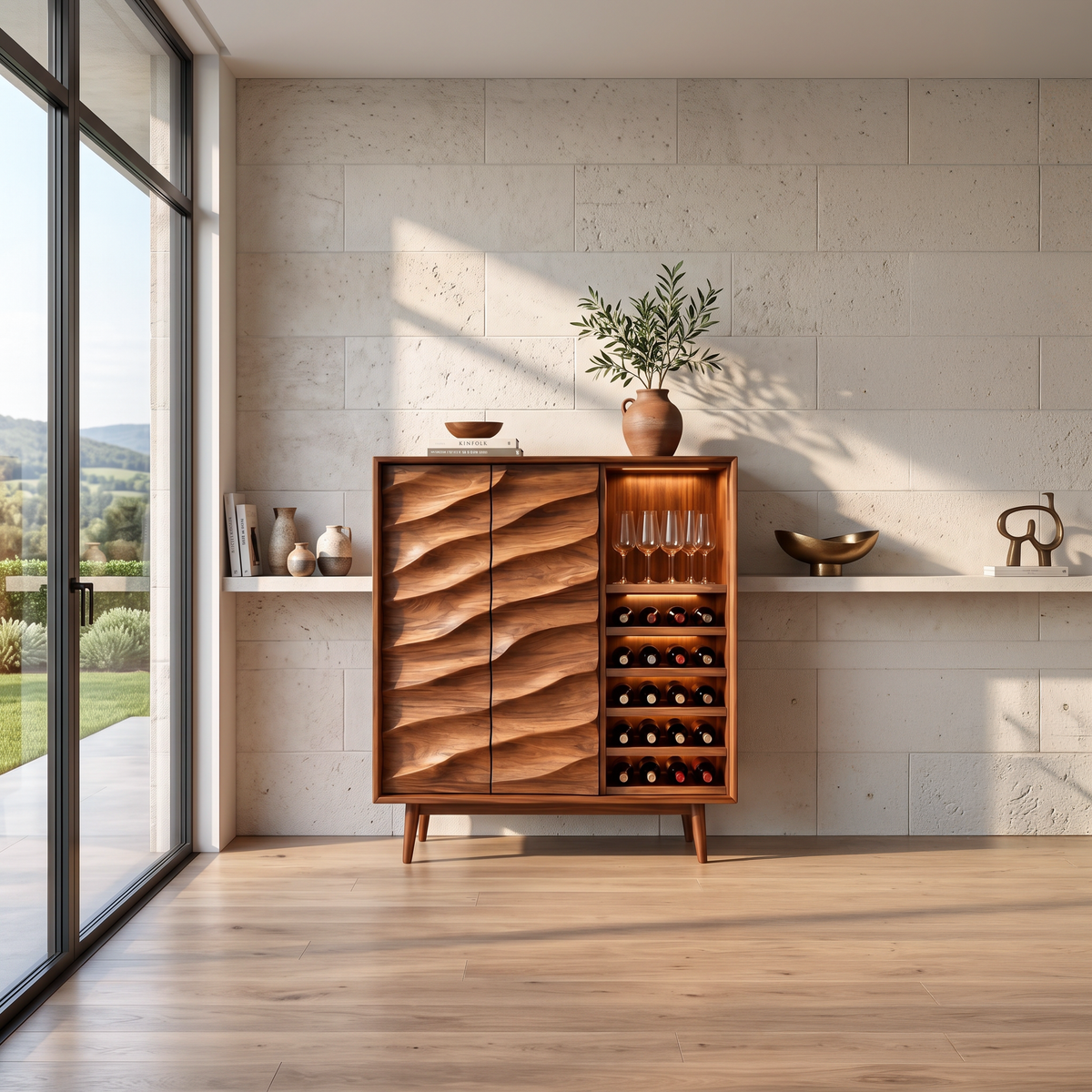 Modern Wine Cabinet With Wave Carved Doors For Kitchen Area