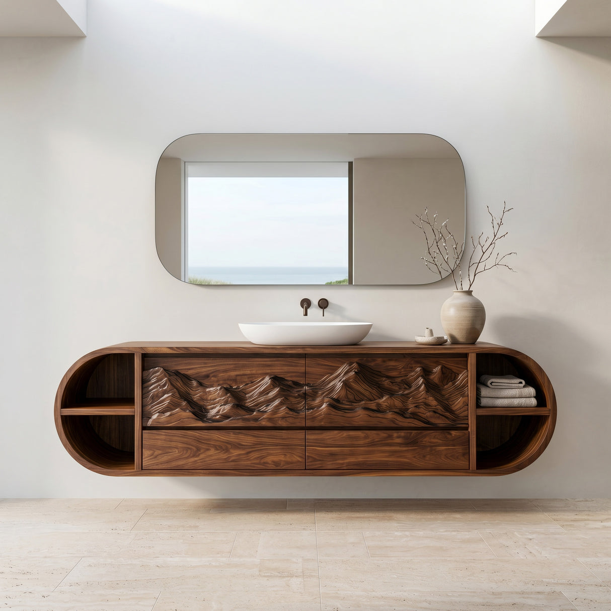 Modern Mountain Carved Floating Bathroom Vanity For Luxury Bathroom