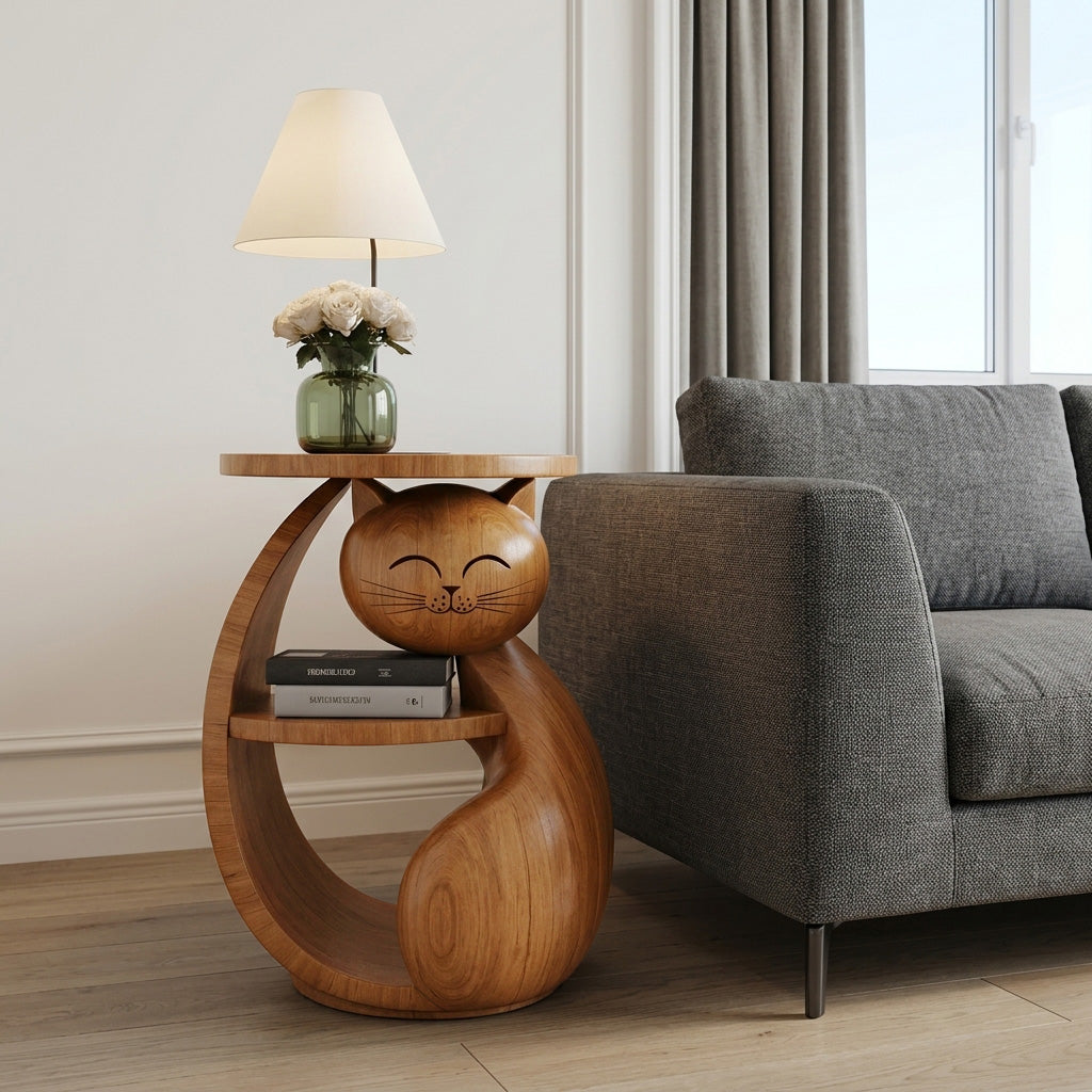 Whimsical Cat Shaped Wooden Side Table For Bedroom