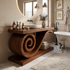 Sculptural Monkeypod Wood Vanity With Vessel Sink Luxury Bathroom