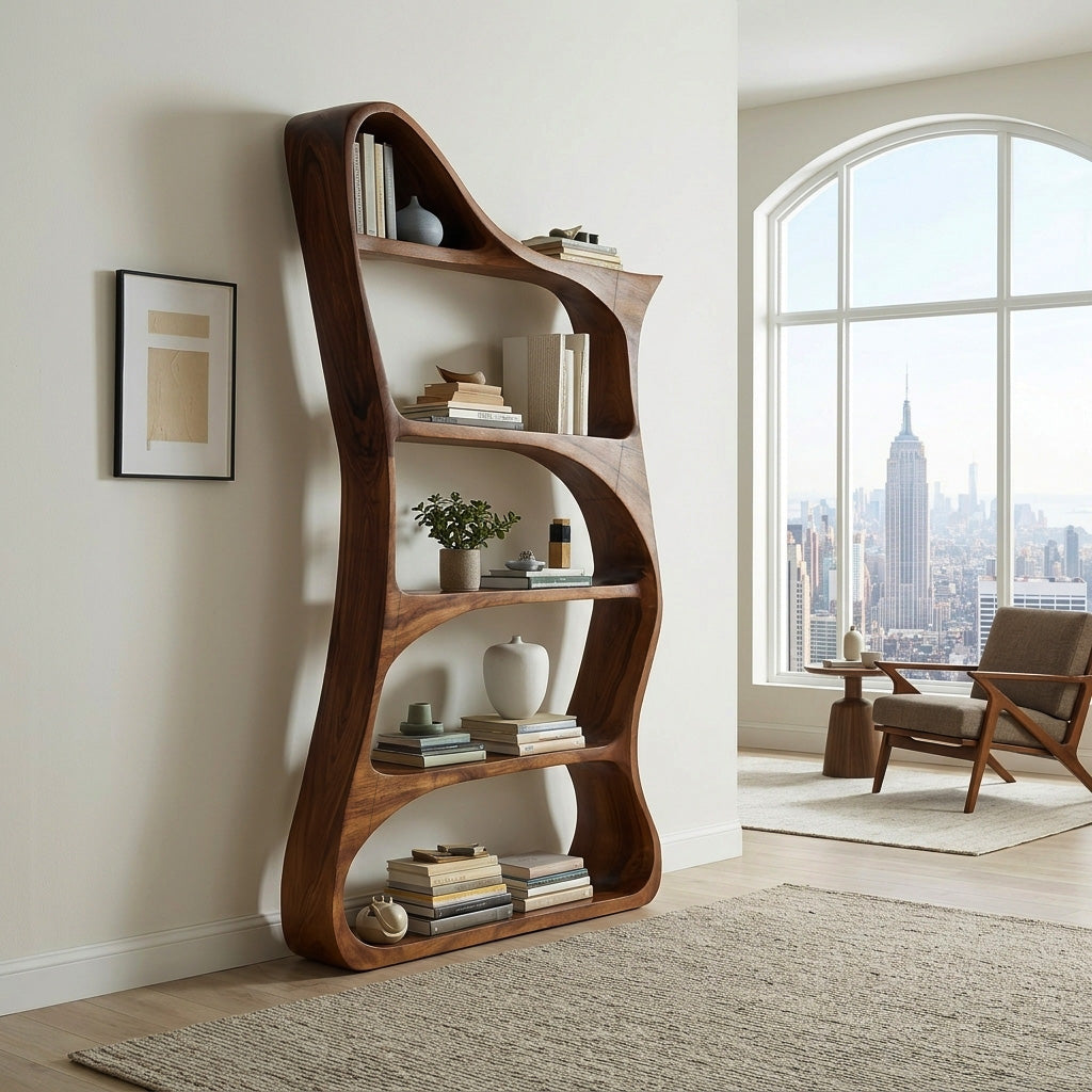 Modern Sculptural Natural Wood Bookshelf For Living Room