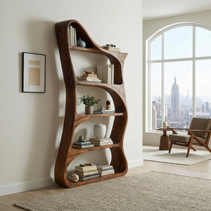 Modern Sculptural Natural Wood Bookshelf For Living Room