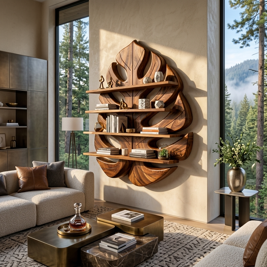 Wooden Leaf Bookshelf For Living Room Plant And Book Display
