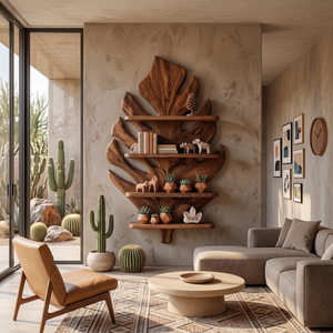 Wooden Tropical Leaf Wall Bookshelf For Living Room