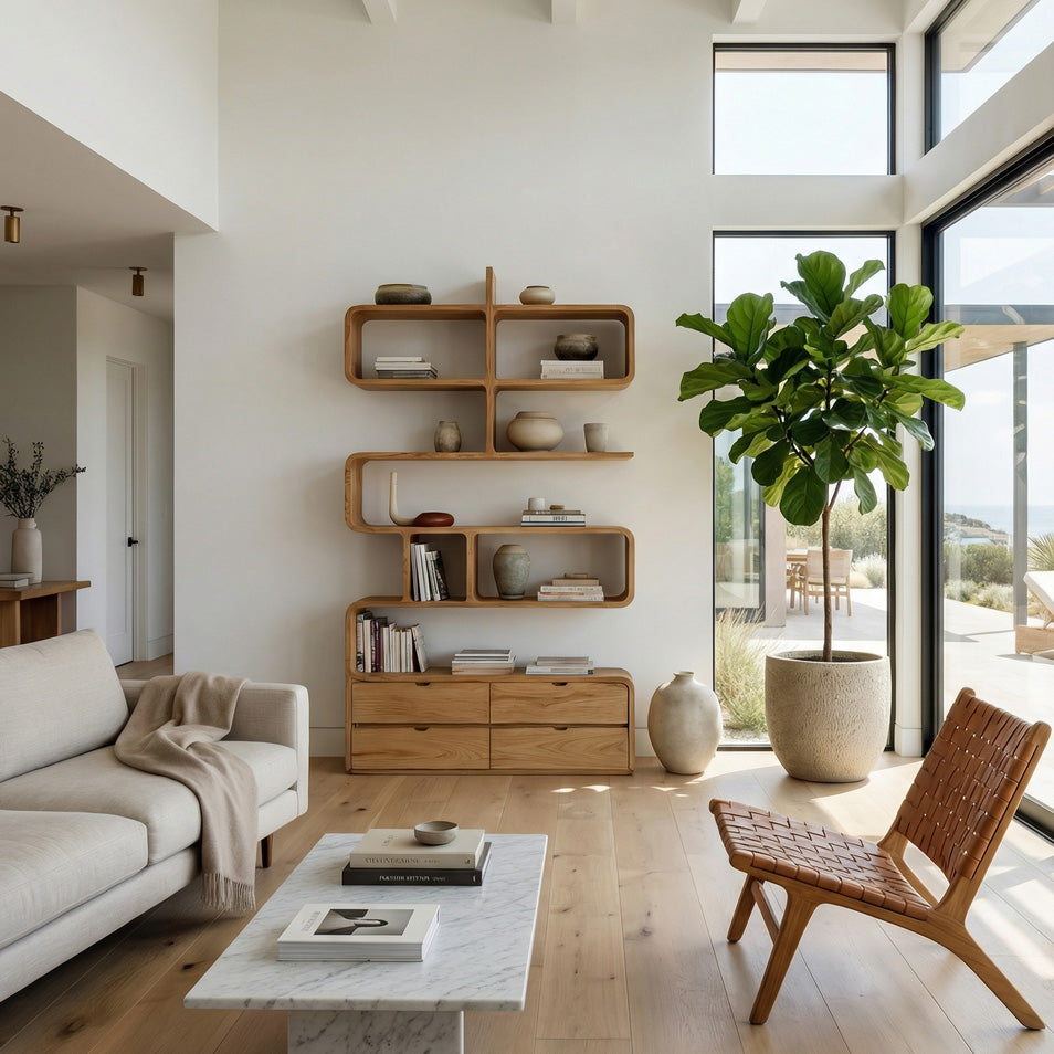 Minimalist Bookshelf With Curved Lines And Storage For Living