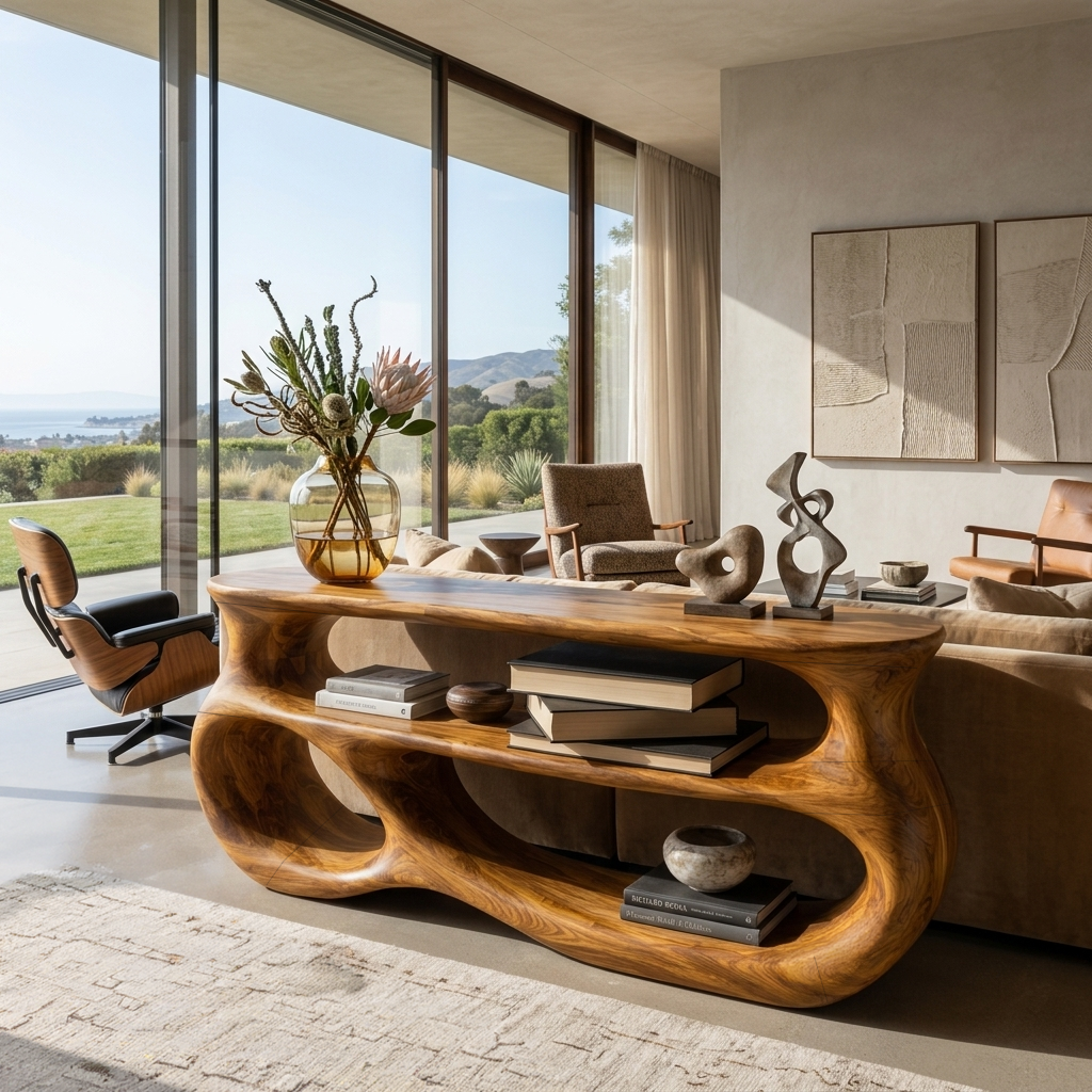 Contemporary Wooden Console Table With Rounded Sculpture For Living Room
