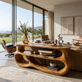 Contemporary Wooden Console Table With Rounded Sculpture For Living Room