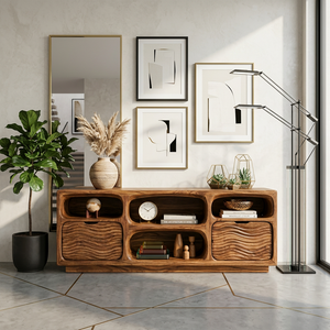 Sculptural Wooden Console Table With Shelves For Modern Living Room