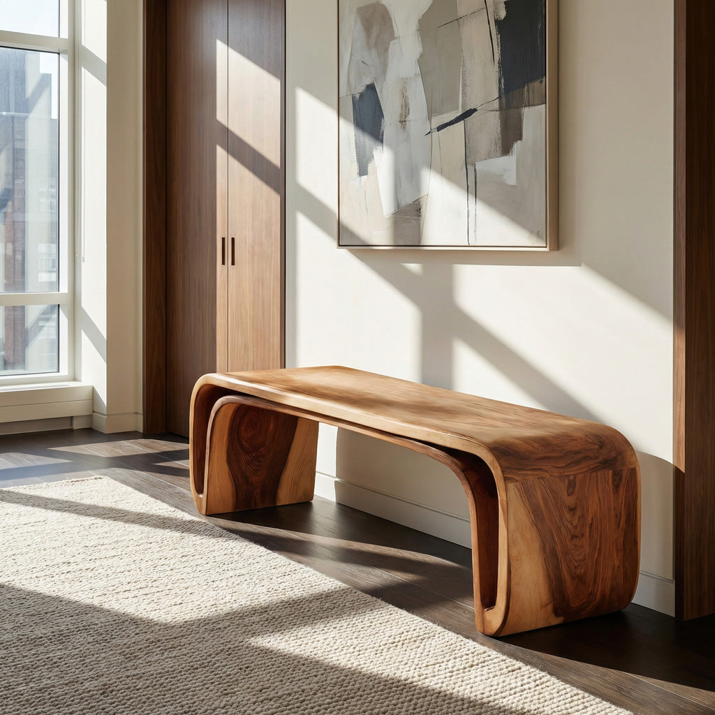 Organic Wood Bench With Unique Curved For Hallway