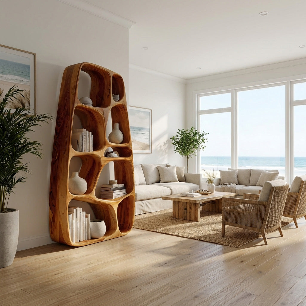 Handcrafted Wooden Sculptural Bookshelf For Living Room