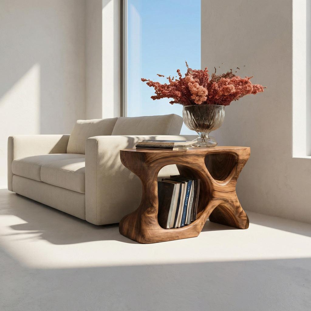 Minimalist Sculptural Wood Side Table With Organic Shape And Storage For Modern Living Room
