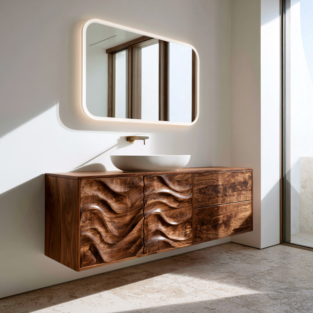 Modern Wave Carved Floating Bathroom Vanity For Master Bathroom