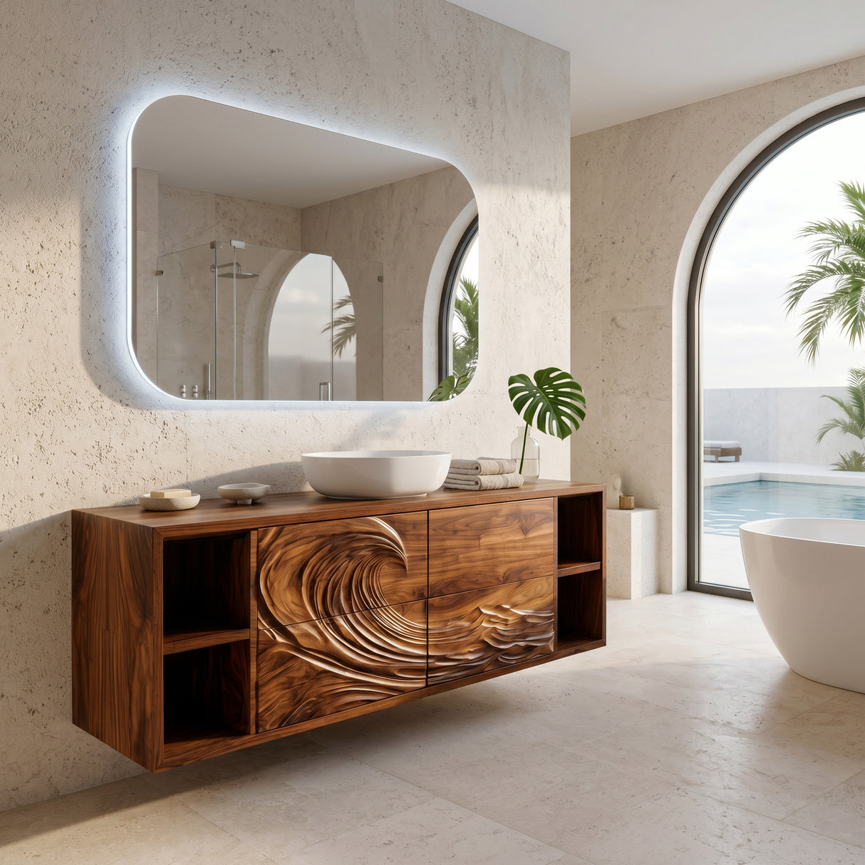 Modern Ocean Wave Bathroom Vanity With Open Storage For Bathroom