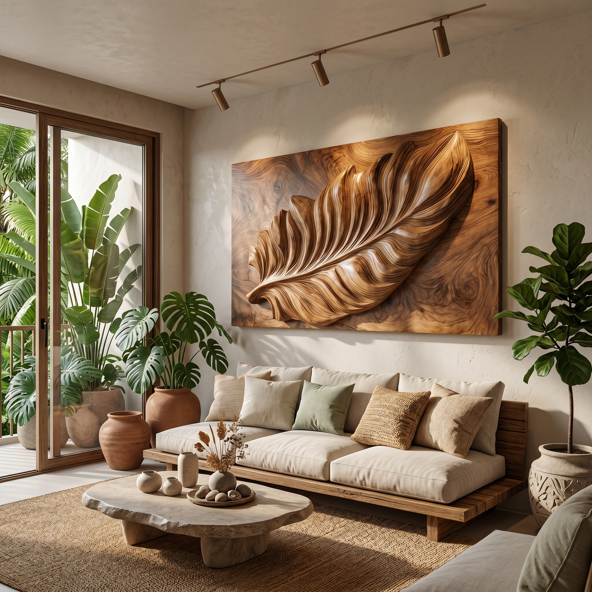 Nature Wall Art With Carved Leaf Design For Living Room