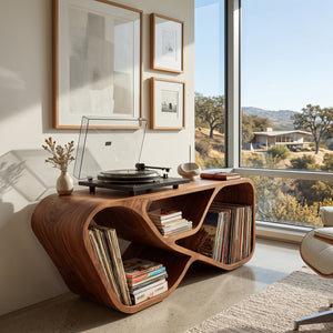 Organic Record Player Cabinet With Curved Shelving For Living Room