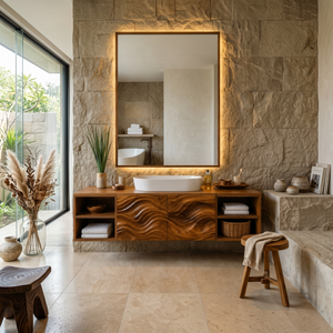 Organic Floating Bathroom Vanity With Open Shelves For Contemporary Bathroom
