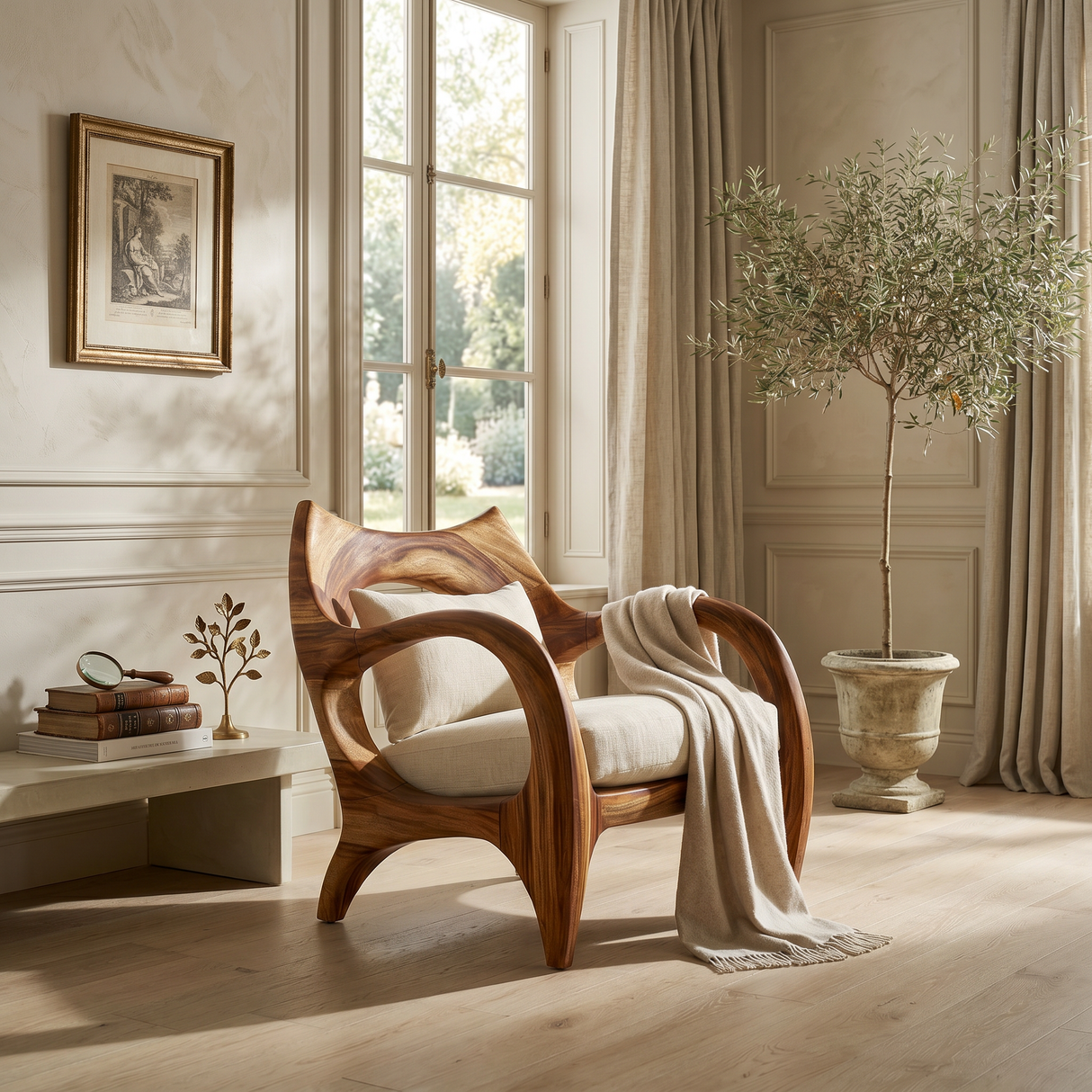 Zen-Inspired Organic Wood Chair for Modern Architectural Interiors