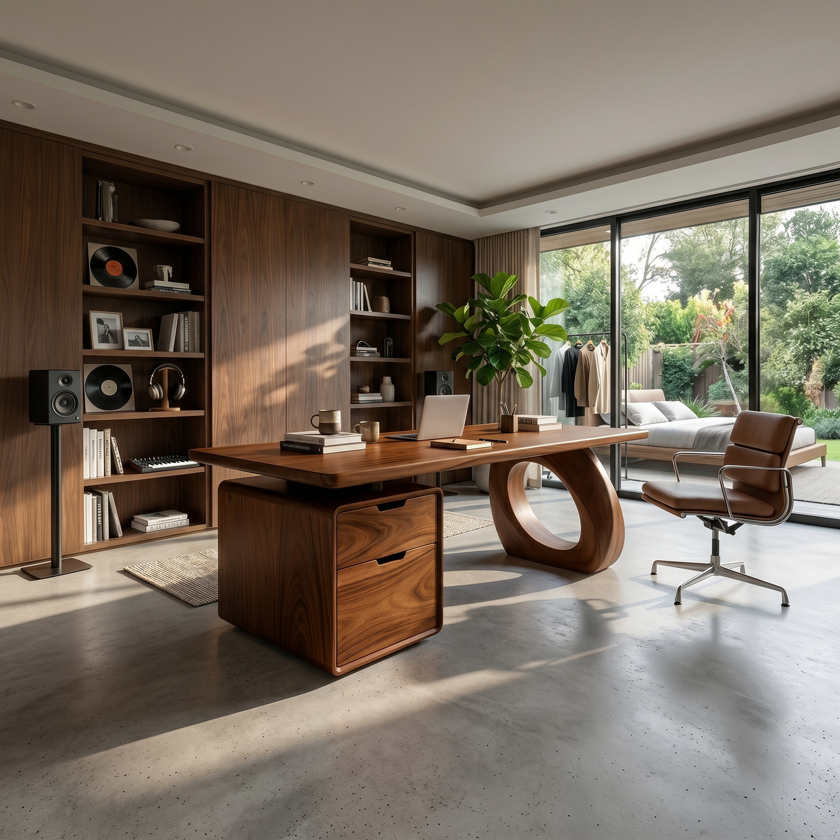 Organic Executive Desk With Bookshelf Storage For Library Office