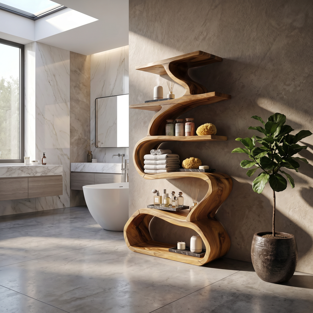Organic Wooden Wall Bookshelf With Flowing Curves