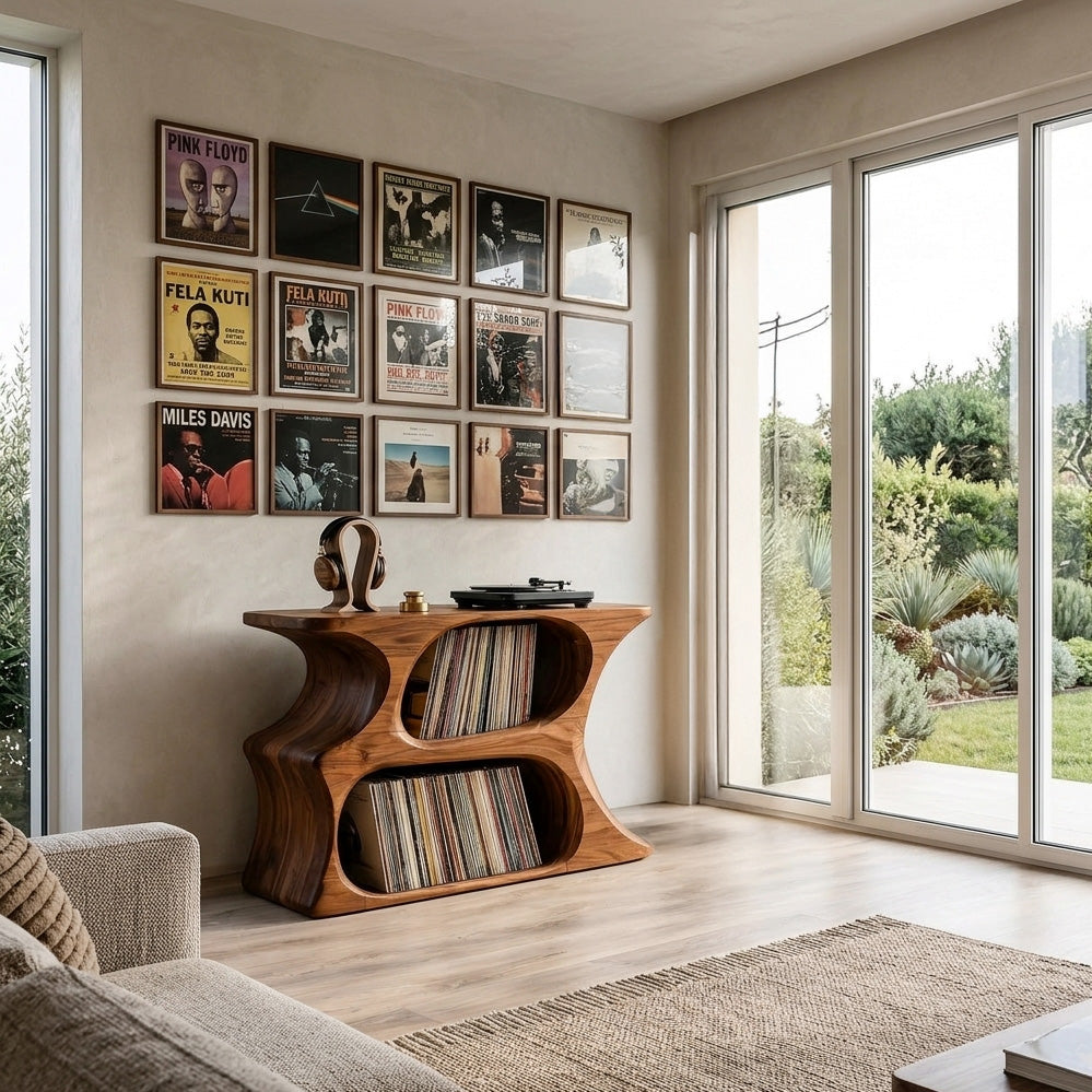 Modern Wooden Record Cabinet With Rounded Shelves For Living Room