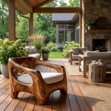 Wooden Armchair With Sculptural Frame For Porch