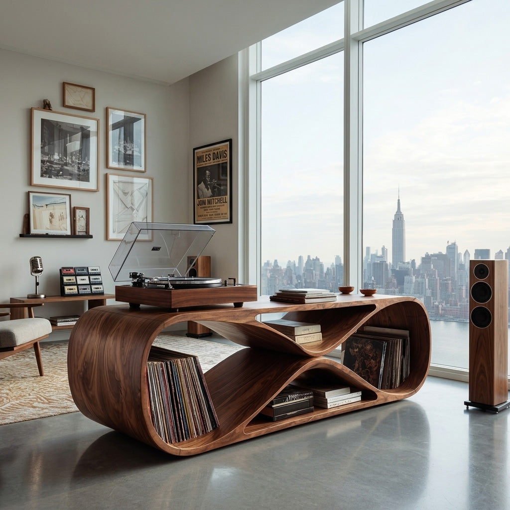 Contemporary Sculptural Wooden Record Player Console For Living Room