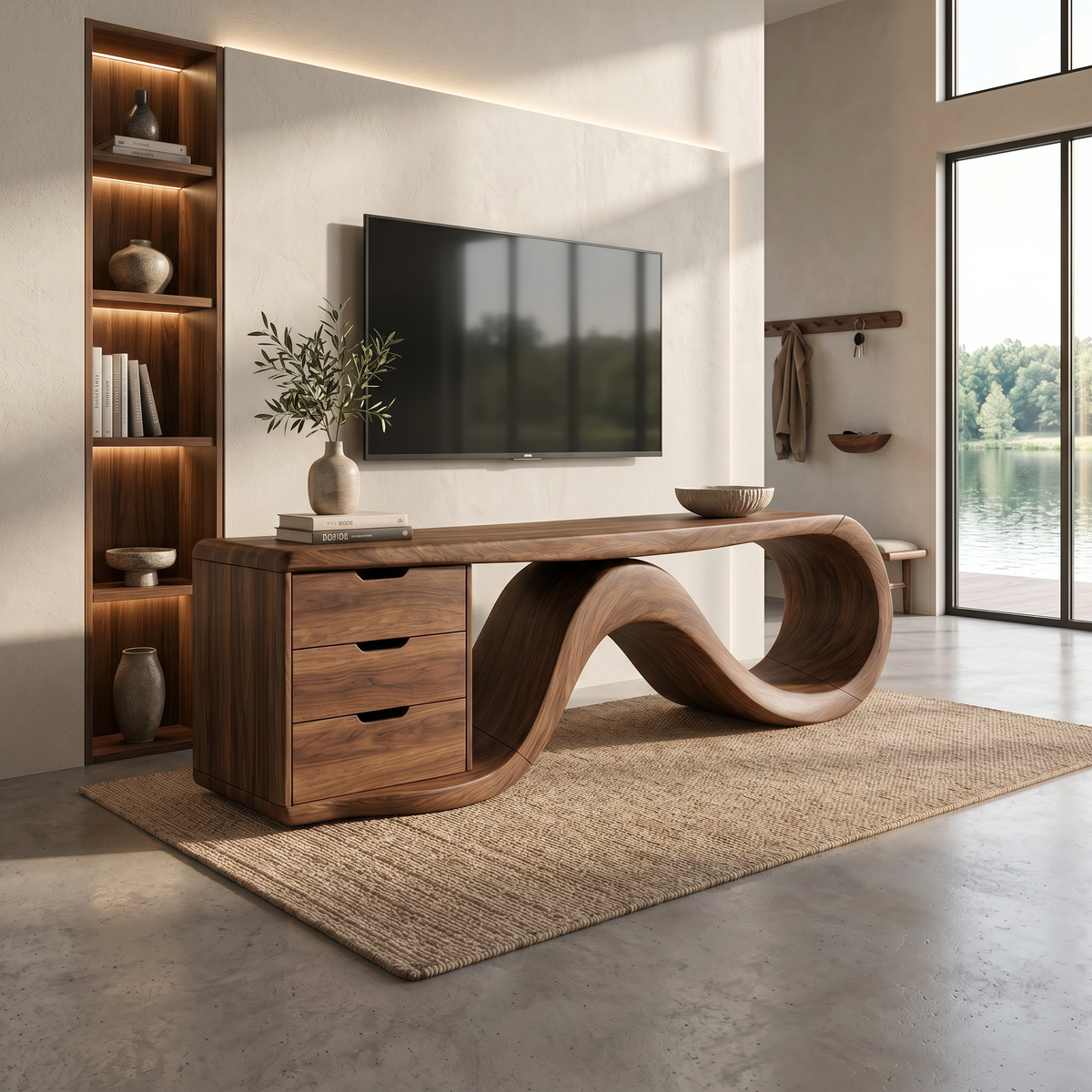Wave Form Wooden Media Console Luxury Residence