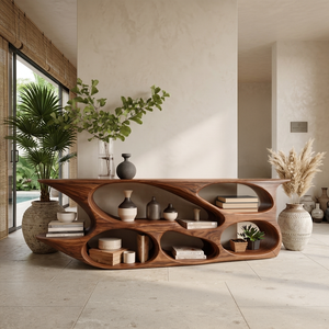Sculptural Wood Bookshelf Curved Design For Living Room