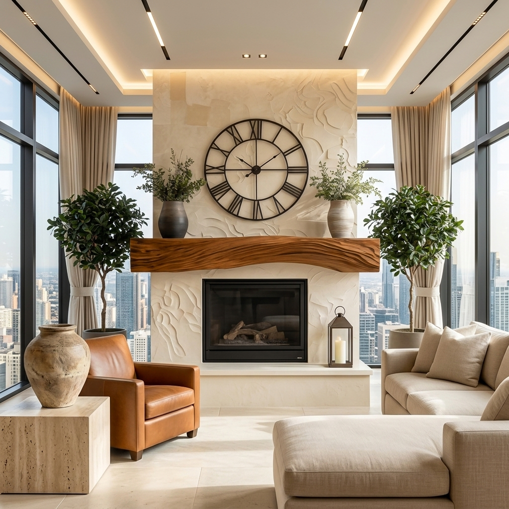 Rustic Fireplace Mantel With Sculptural Carved Design For Home