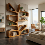 Organic Wooden Bookcase With Sculptural Form For Living Space