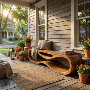 Sculptural Wooden Bench With Unique Wave Base For Entryway