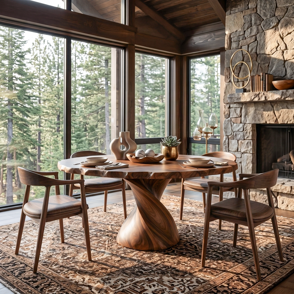 Modern Wooden Dining Table With Twisted Pedestal For Kitchen