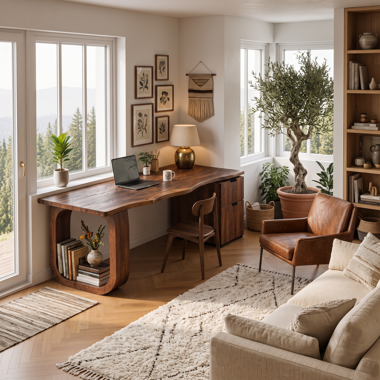 Contemporary Wooden Desk With Shelves And Drawers For Home Office