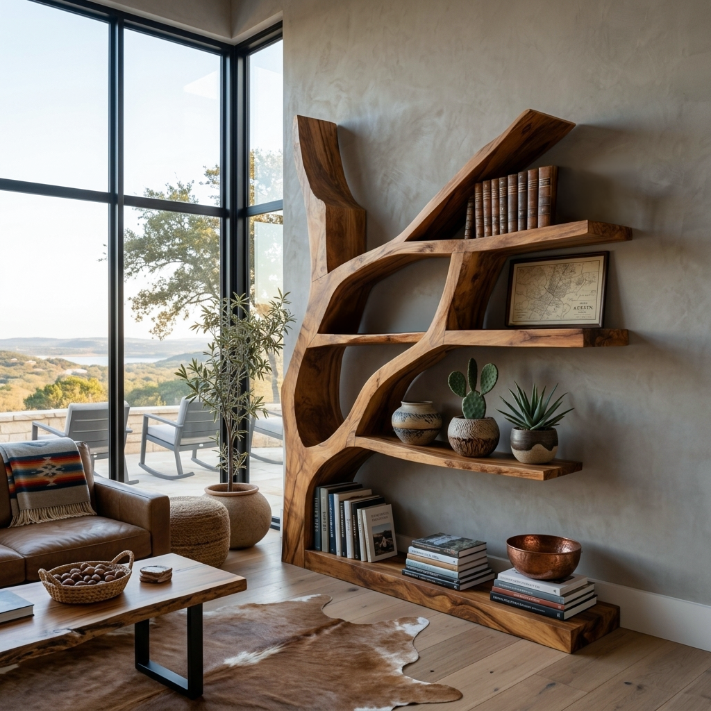 Contemporary Wooden Bookshelf Sculptural Shape For Living Room