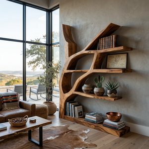 Contemporary Wooden Bookshelf Sculptural Shape For Living Room