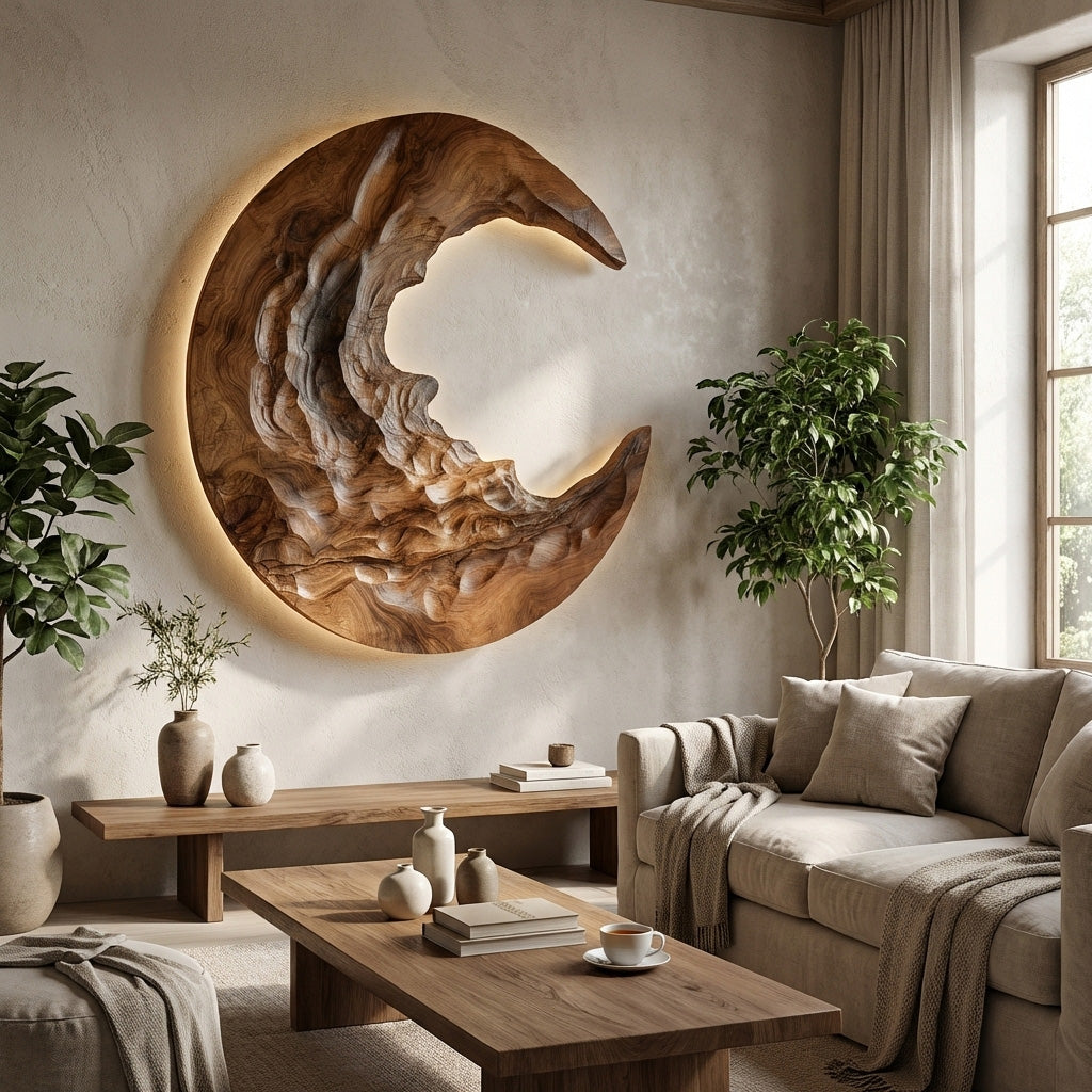 Organic Modern Crescent Wood Wall Art With Light For Living Room