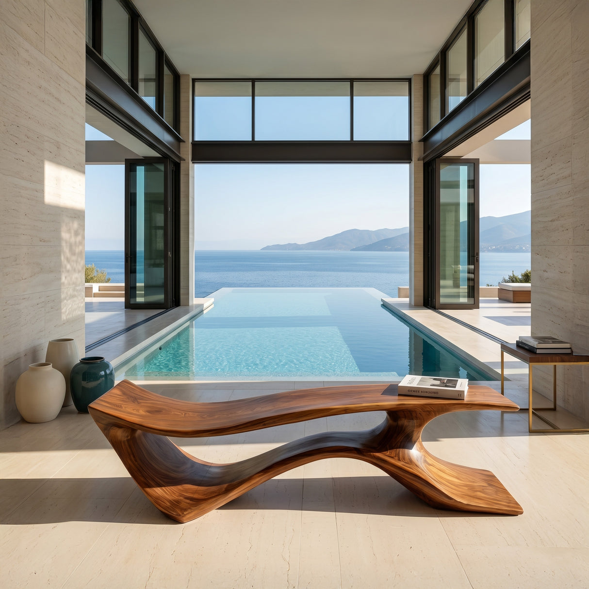 Contemporary Curved Wooden Bench For Corner Living Room