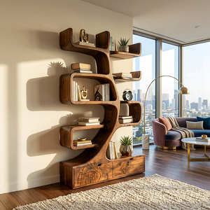 Wooden Bookcase With Tiers And Built-in Drawers For Home