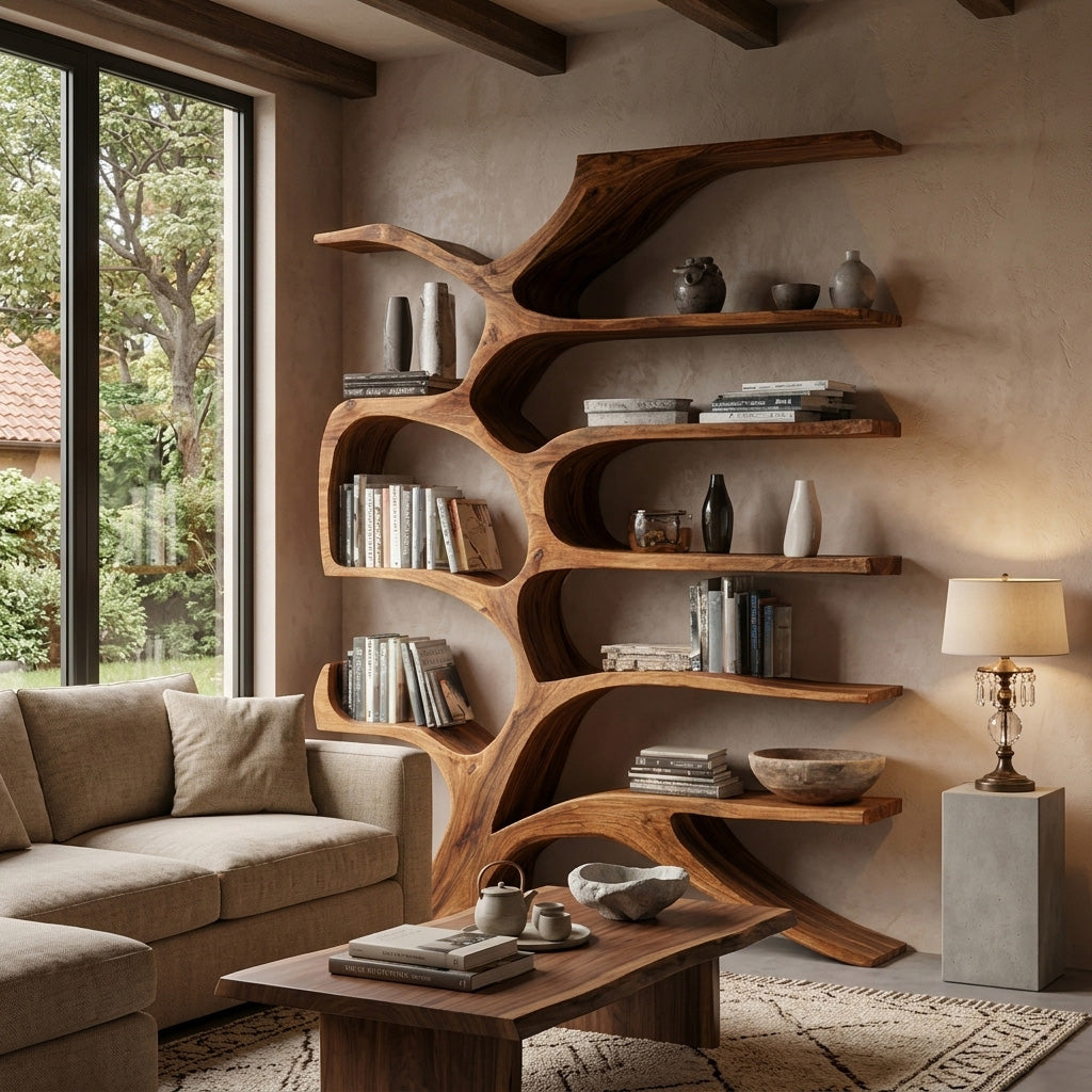 Contemporary Sculpted Wooden Bookshelf For Living Room Decor