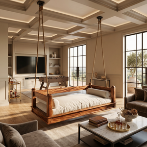 Mediterranean Wooden Hanging Daybed Swing Luxury Villa Patio