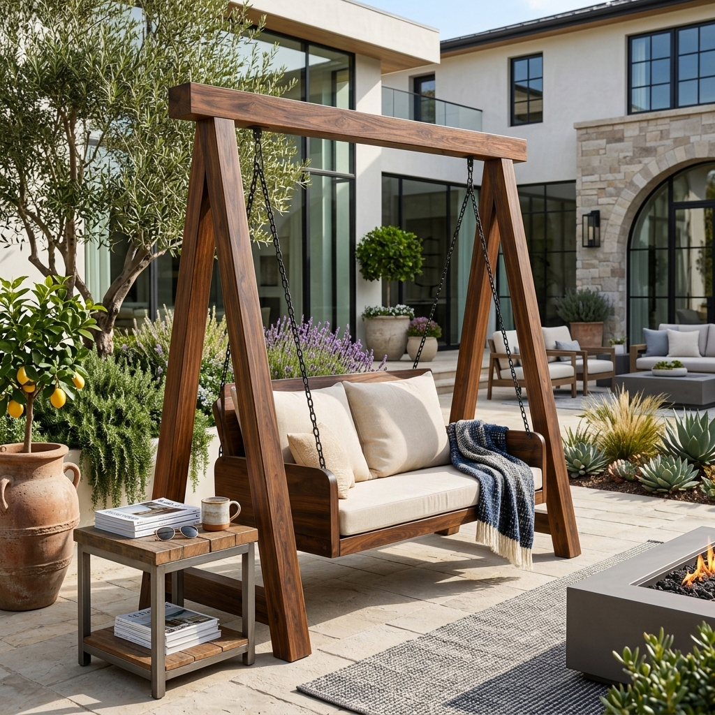 Organic Wood Swing With Backrest For Patio