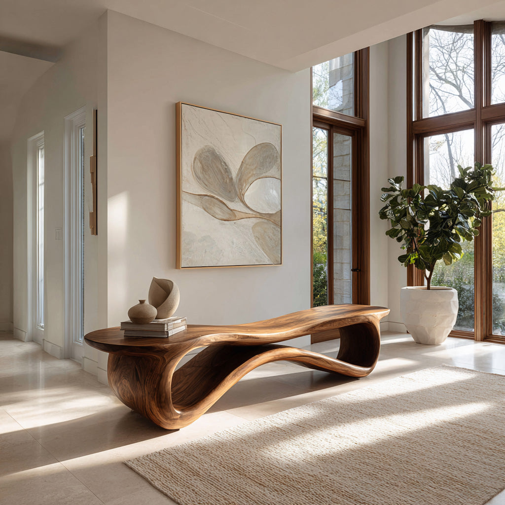 Contemporary Undulating Wooden Bench For Living Room