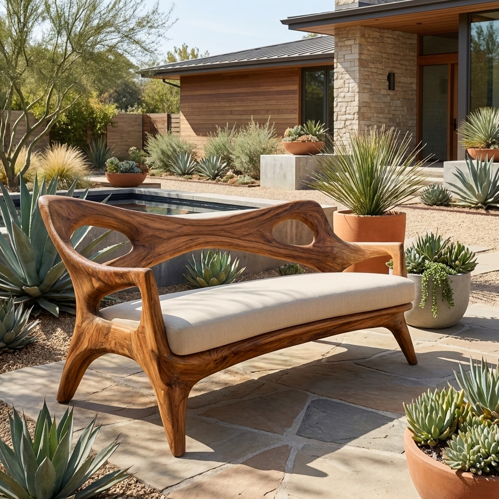 Wooden Sofa With Curved Sculptural Backrest For Living Room